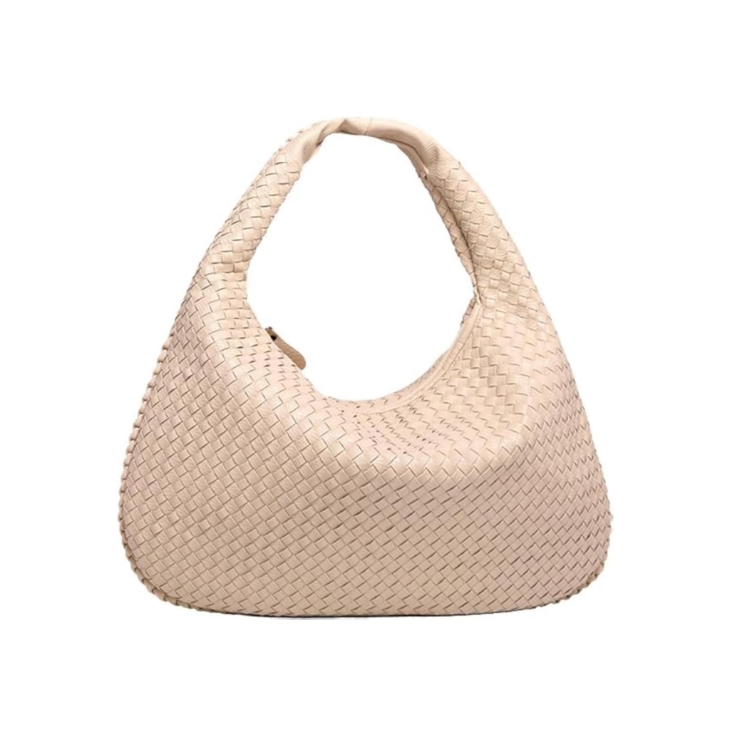 Woven Leather Hobo Handbag/Small Shoulder Tote Braided Leather Cream/Beige
